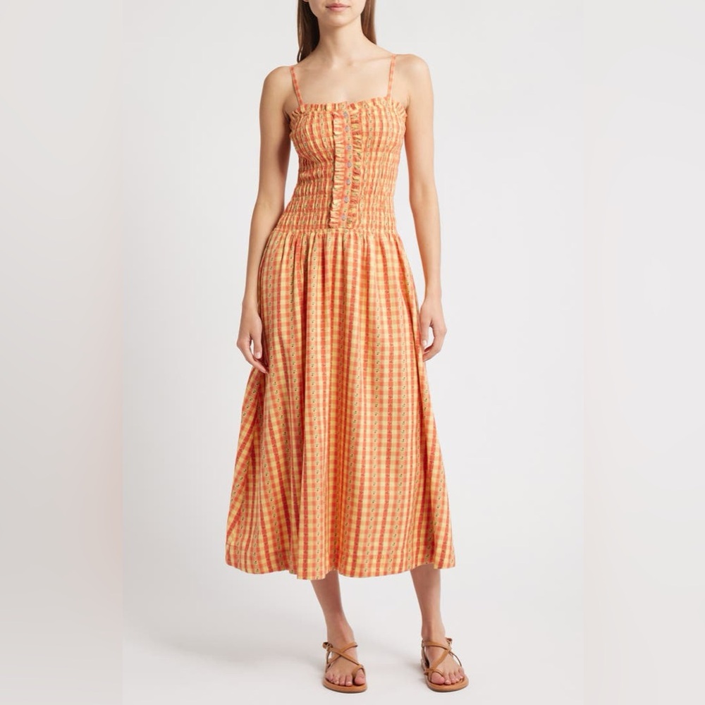 Orange Gingham Midi Dress with Spaghetti Straps READ DESCRIPTION